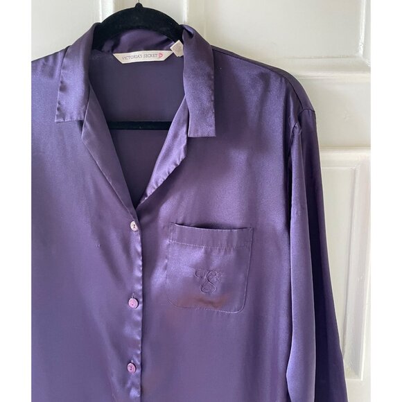 Vintage Victorias Secret Purple Satin Long Button-Up Nightshirt Pajama Top Sz XS - Picture 3 of 12